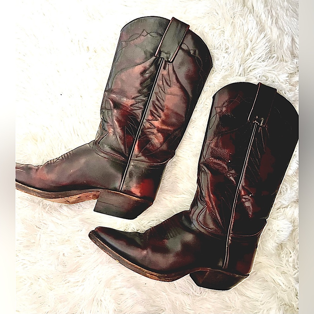 Vintage Charro Cowboy Boots all leather including sole. Dark wine